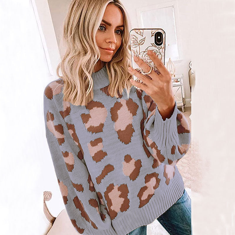 Damen Oversized Sweater Wollmischung Leopardenmuster Rundhals