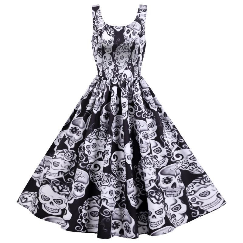 Damen Retro A-Linien Kleid mit Totenkopf-Design Voluminöser Rock - Norvielle