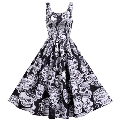 Damen Retro A-Linien Kleid mit Totenkopf-Design Voluminöser Rock - Norvielle