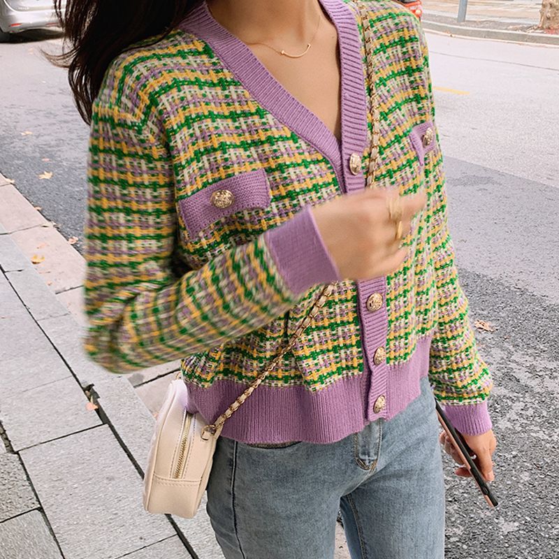 Damen Strickjacke Karomuster Glänzende Knöpfe - Norvielle
