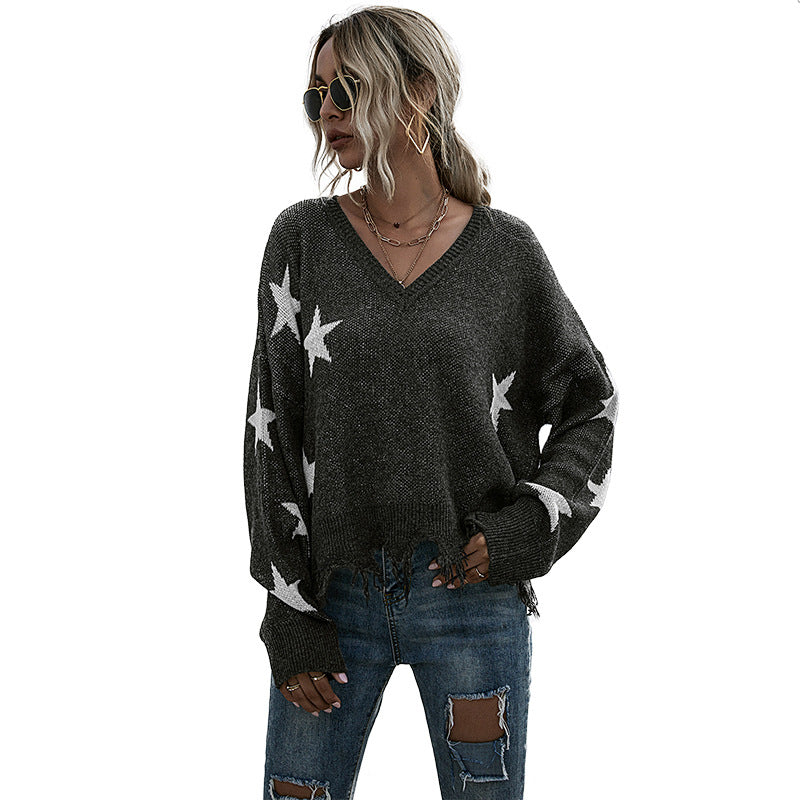 Damen Oversize Pullover Sternenmuster V-Ausschnitt Beige