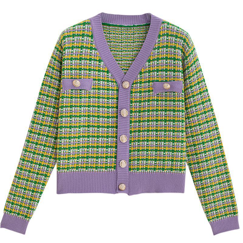 Damen Strickjacke Karomuster Glänzende Knöpfe