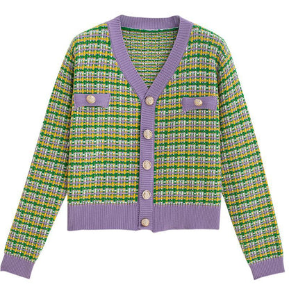 Damen Strickjacke Karomuster Glänzende Knöpfe