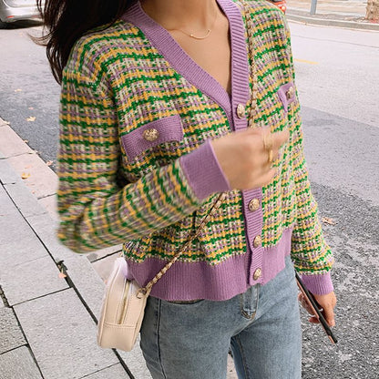 Damen Strickjacke Karomuster Glänzende Knöpfe