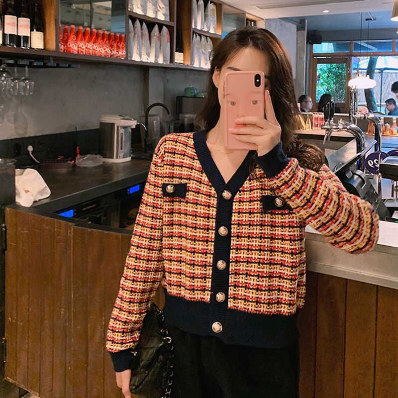 Damen Strickjacke Karomuster Glänzende Knöpfe