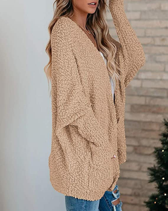 Damen Strickjacke Offener Schnitt Große Taschen Kuschelig Beige