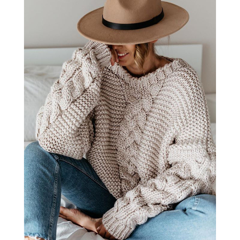 Damen Grobstrickpullover Zopfmuster Locker Norvielle