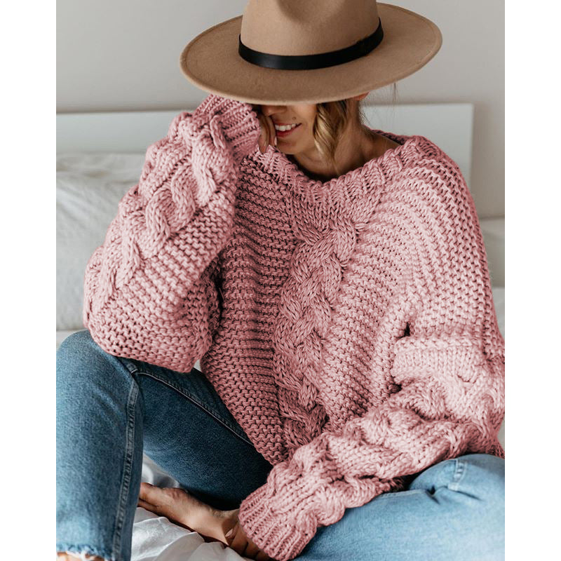 Damen Grobstrickpullover Voluminöse Ärmel Zopfdesign Norvielle