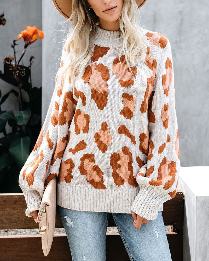 Damen Oversized Sweater Wollmischung Leopardenmuster Rundhals - Norvielle