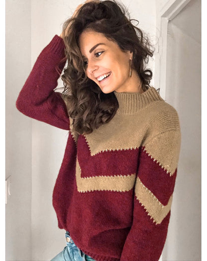 Damen Strickpullover V-Ausschnitt Kontrast Chevrondesign