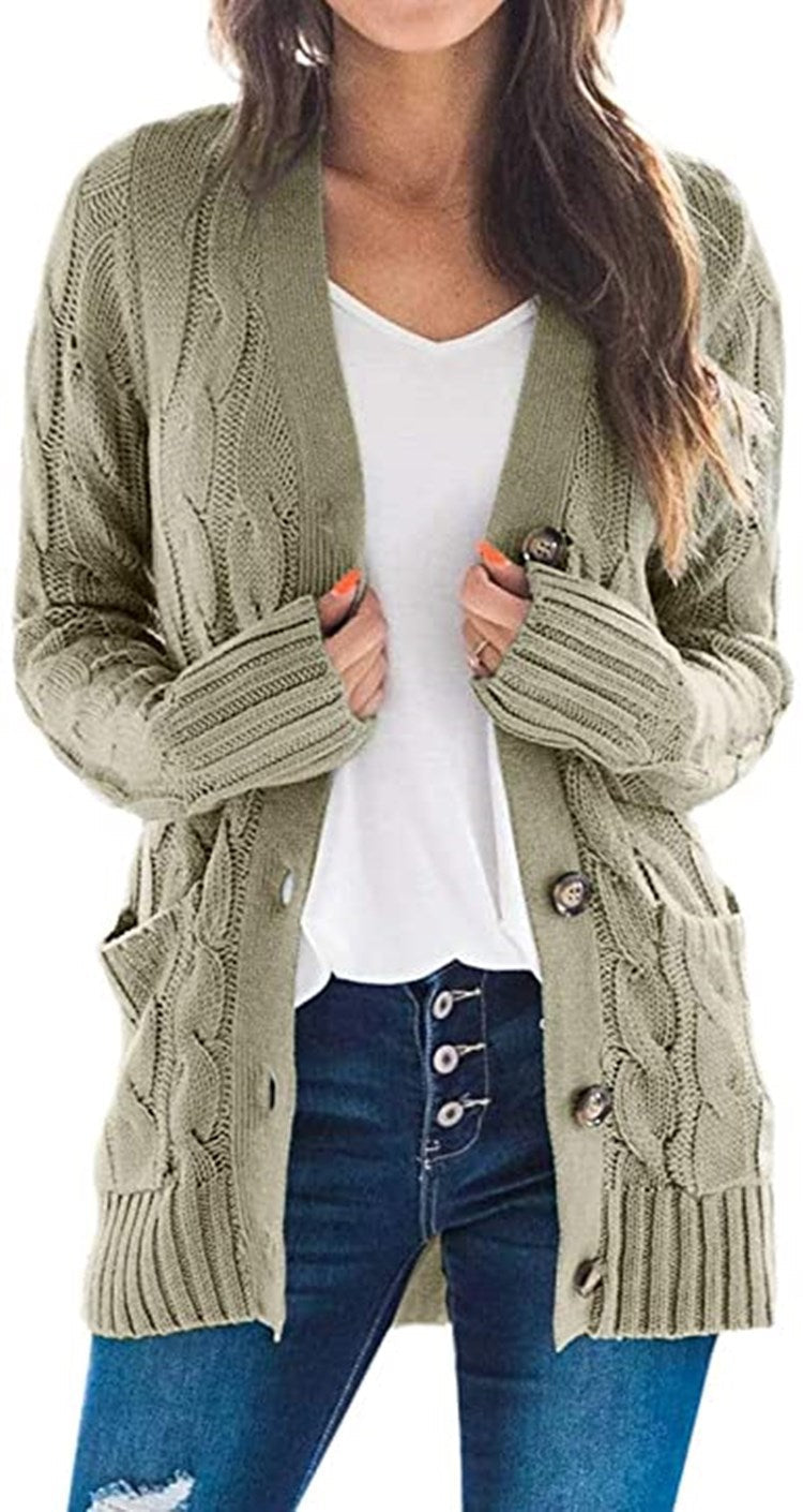 Damen Strickcardigan Zopfmuster Taschen Beige