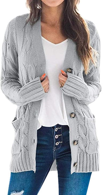 Damen Strickcardigan Zopfmuster Taschen Beige - Norvielle