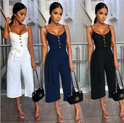 Damen Jumpsuit V-Ausschnitt Seiden Gürtel Schwarz - Norvielle