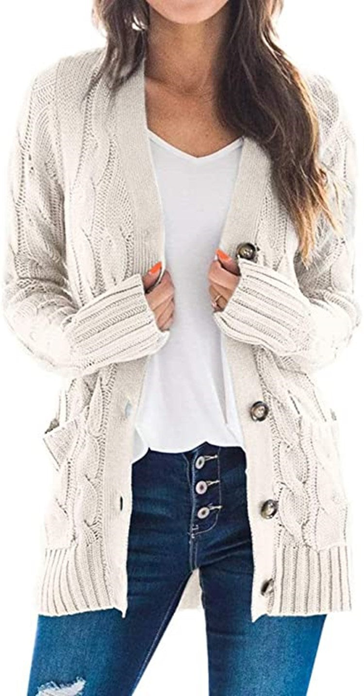 Damen Strickcardigan Zopfmuster Taschen Beige