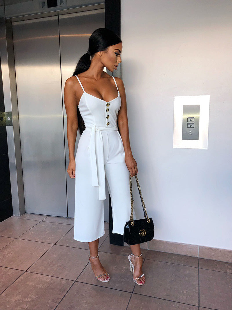 Damen Jumpsuit V-Ausschnitt Seiden Gürtel