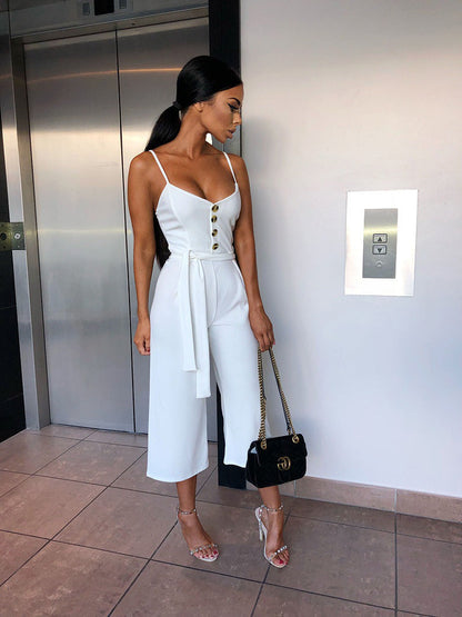 Damen Jumpsuit V-Ausschnitt Seiden Gürtel