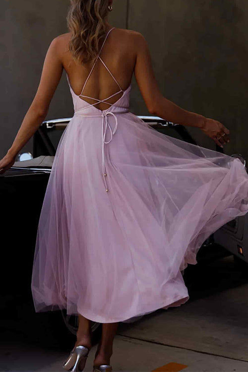 Norvielle Damen Tüll-Kleid Offener Rücken Tailliert Midi