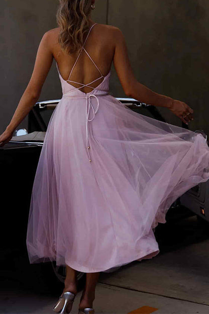 Norvielle Damen Tüll-Kleid Offener Rücken Tailliert Midi