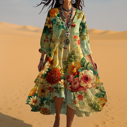 Damen Vintage Boho Sommerkleid V-Ausschnitt