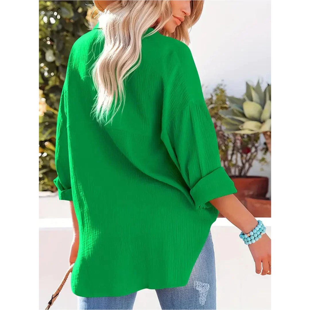 Damen Unifarben Bluse Knopfleiste Hemdkragen Langarm Elegante Bluse