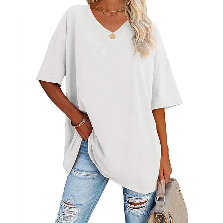 Norvielle Damen V-Ausschnitt T-Shirt Leicht Lockeres Weiss
