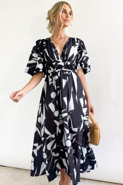 Norvielle Damen Maxi-Kleid Puffärmel Print