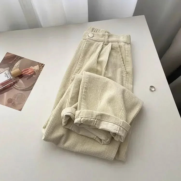 Damen Retro Cordhose Hohe Taille Corduroy Beige