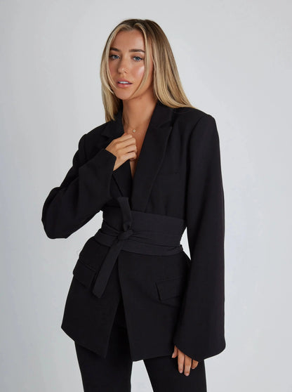 Damen Blazer mit Gürtel Elegantes Design Schwarz - Norvielle