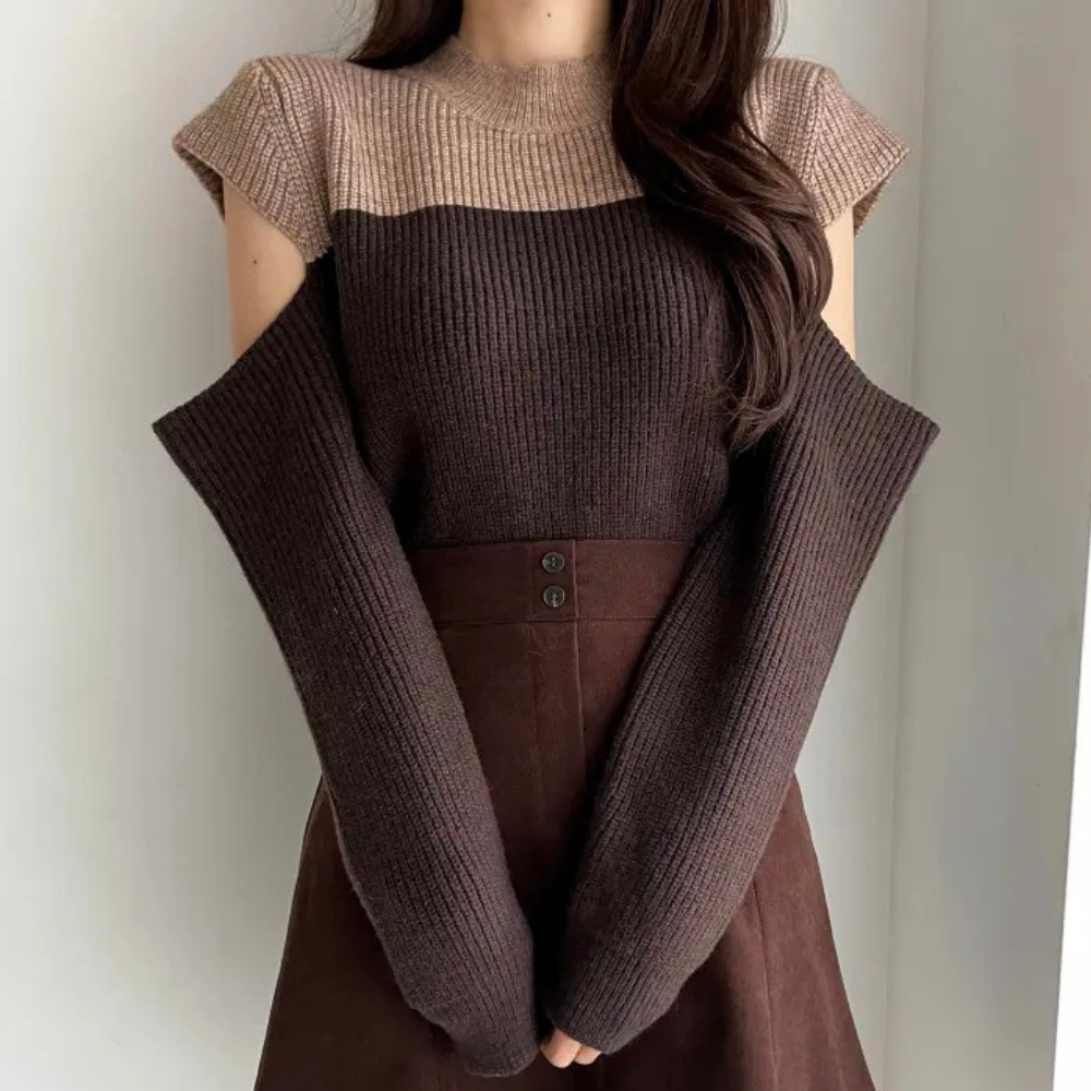 Damen Strickpullover Cut-Out Ärmel Zweifarben Rundhals - Norvielle