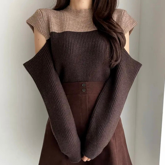 Damen Strickpullover Cut-Out Ärmel Zweifarben Rundhals - Norvielle