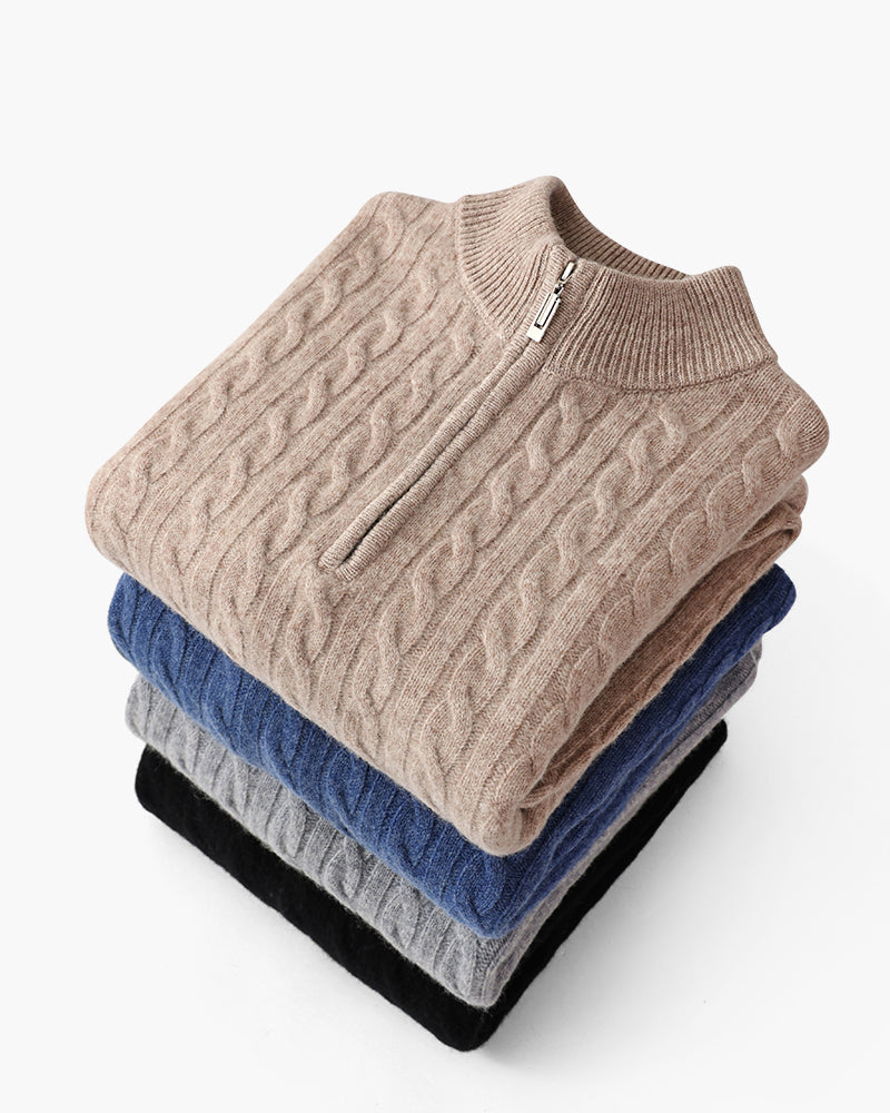 Herren Chasmere Pullover Kabelstrickmuster Halb Reißverschluss Beige - Norvielle