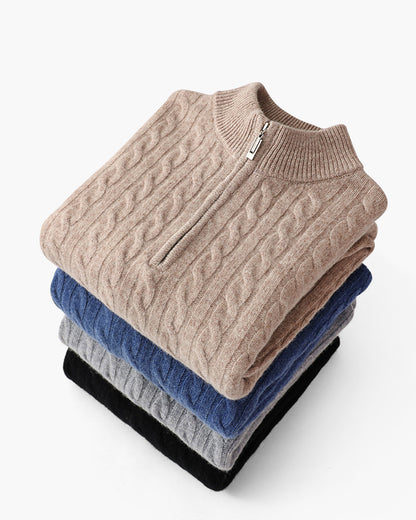 Herren Chasmere Pullover Kabelstrickmuster Halb Reißverschluss Beige - Norvielle