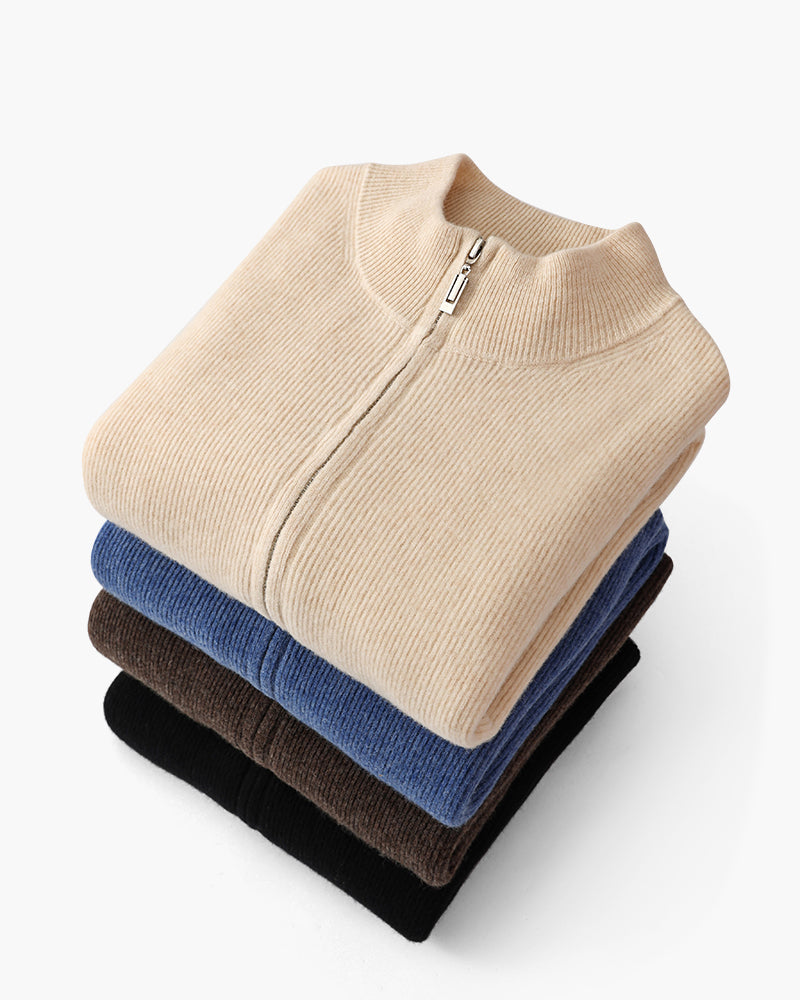 Herren Kaschmir Strickjacke Rippenstrick Reißverschluss Schwarz - Norvielle