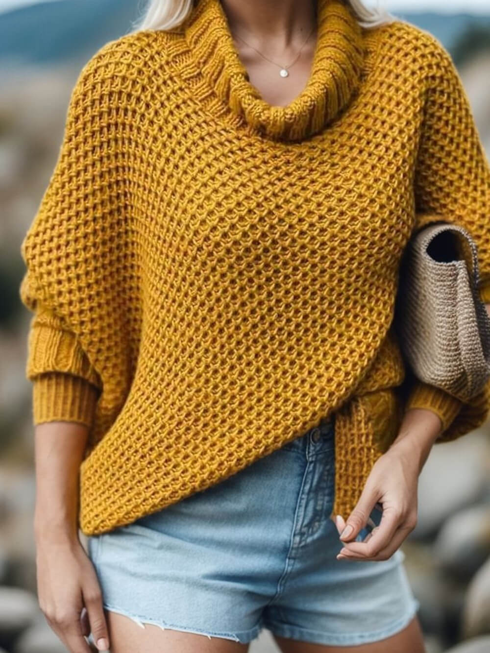 Damen Turtleneck Pullover Dolmanärmel