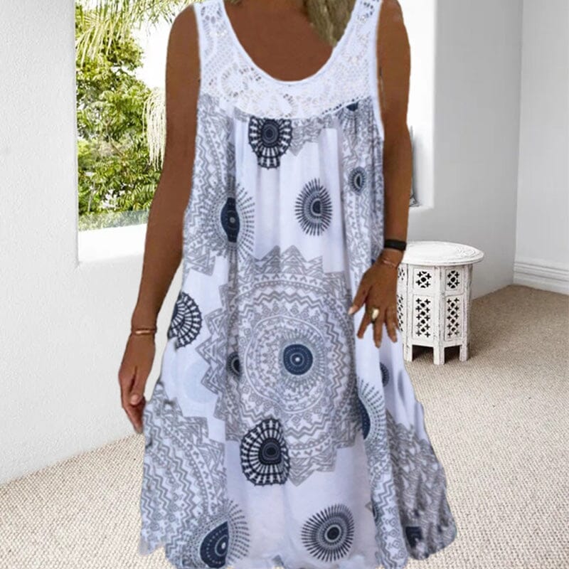 Damen Ärmelloses O-Ausschnitt Kleid Sommer Druck dunkelblau - Norvielle