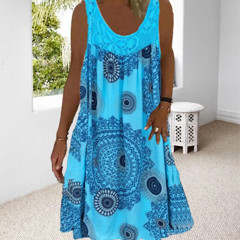 Damen Ärmelloses O-Ausschnitt Kleid Sommer Druck dunkelblau