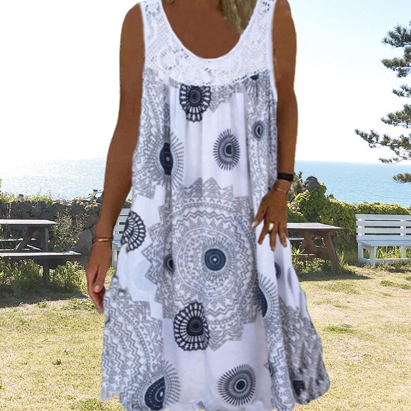 Damen Ärmelloses O-Ausschnitt Kleid Sommer Druck dunkelblau
