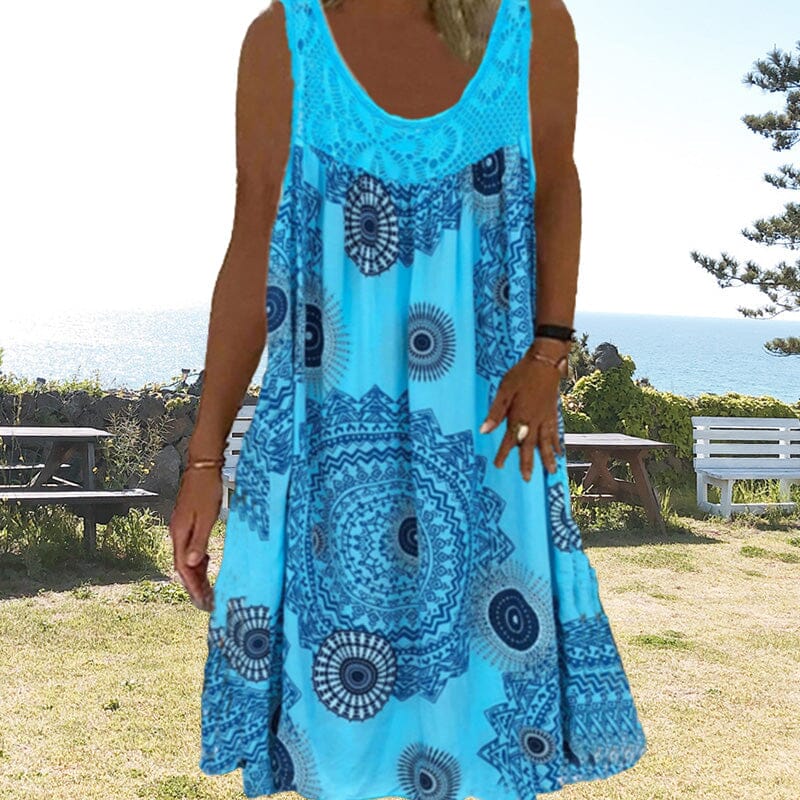 Damen Ärmelloses O-Ausschnitt Kleid Sommer Druck dunkelblau
