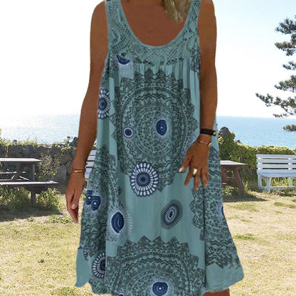 Damen Ärmelloses O-Ausschnitt Kleid Sommer Druck dunkelblau