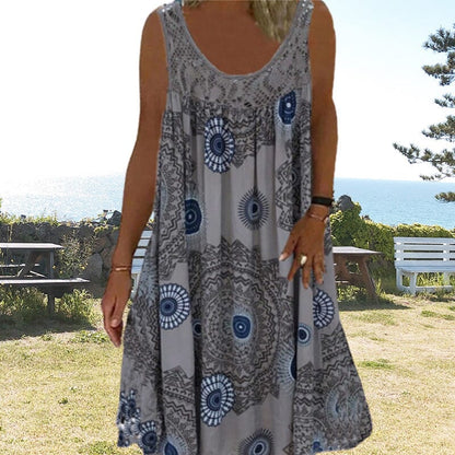 Damen Ärmelloses O-Ausschnitt Kleid Sommer Druck dunkelblau