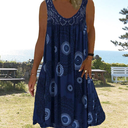 Damen Ärmelloses O-Ausschnitt Kleid Sommer Druck dunkelblau