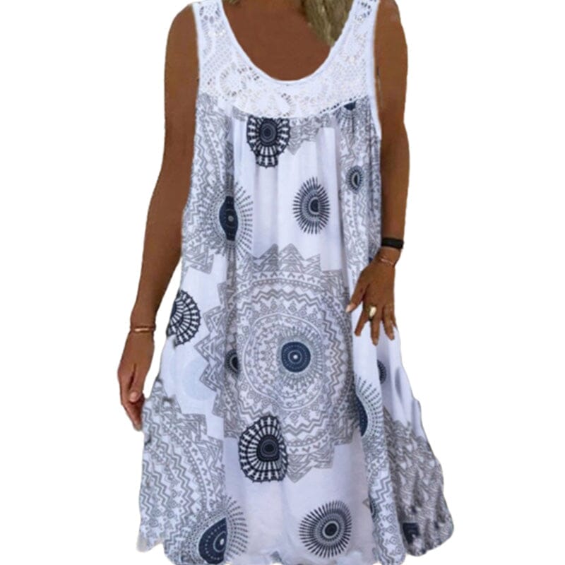 Damen Ärmelloses O-Ausschnitt Kleid Sommer Druck dunkelblau