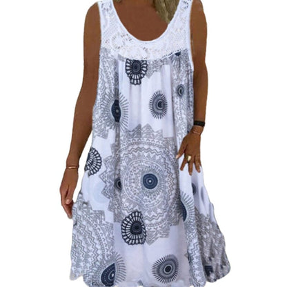Damen Ärmelloses O-Ausschnitt Kleid Sommer Druck dunkelblau