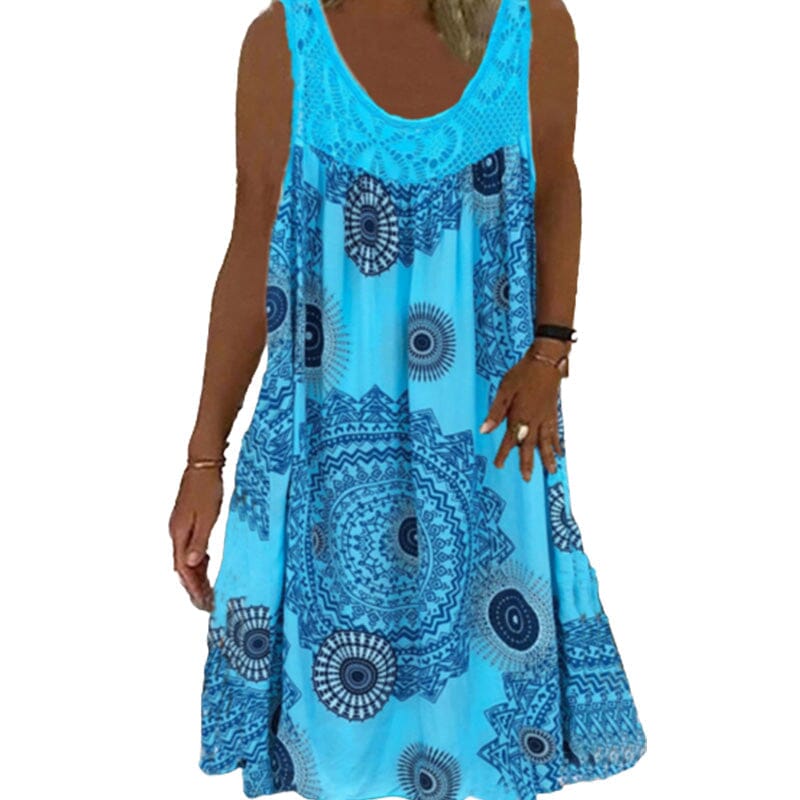 Damen Ärmelloses O-Ausschnitt Kleid Sommer Druck dunkelblau