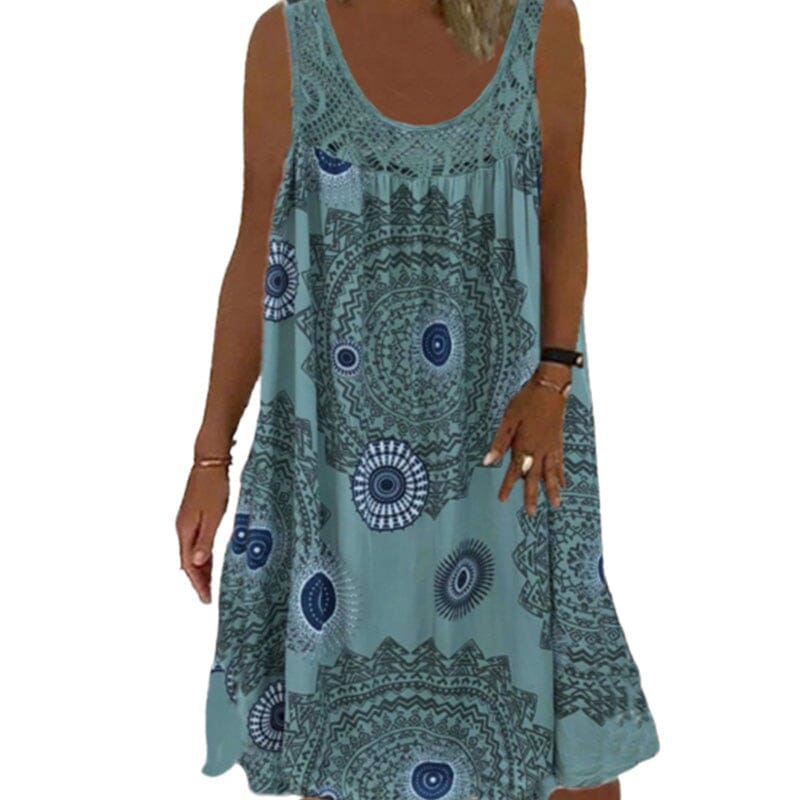 Damen Ärmelloses O-Ausschnitt Kleid Sommer Druck dunkelblau