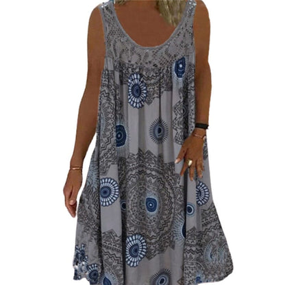 Damen Ärmelloses O-Ausschnitt Kleid Sommer Druck dunkelblau