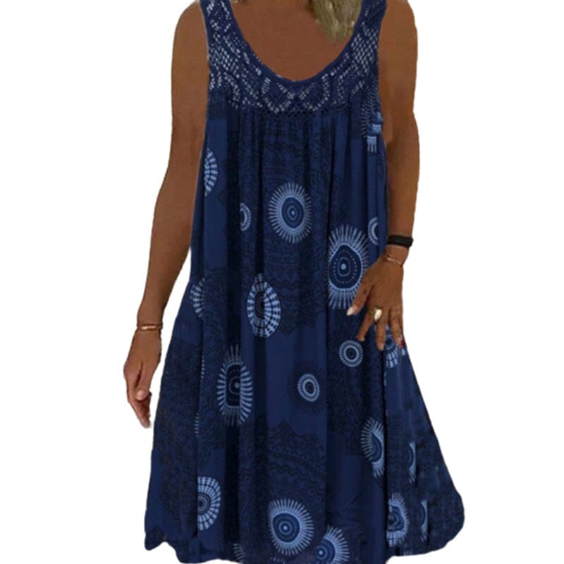 Damen Ärmelloses O-Ausschnitt Kleid Sommer Druck dunkelblau