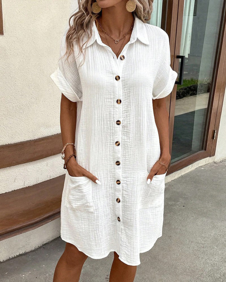 Damen Hemdkleid Sommer Kurzarm Einfarbig - Norvielle