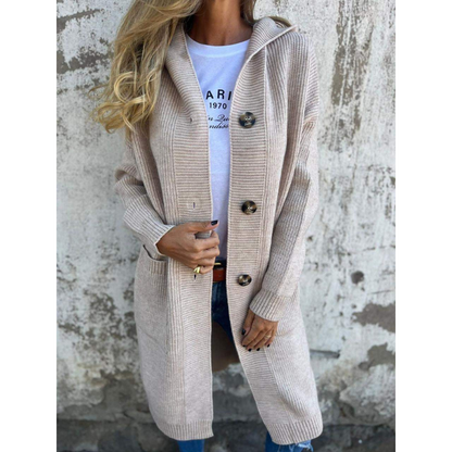 Norvielle Damen Cardigan Lang Mit Kapuze Große Knöpfe