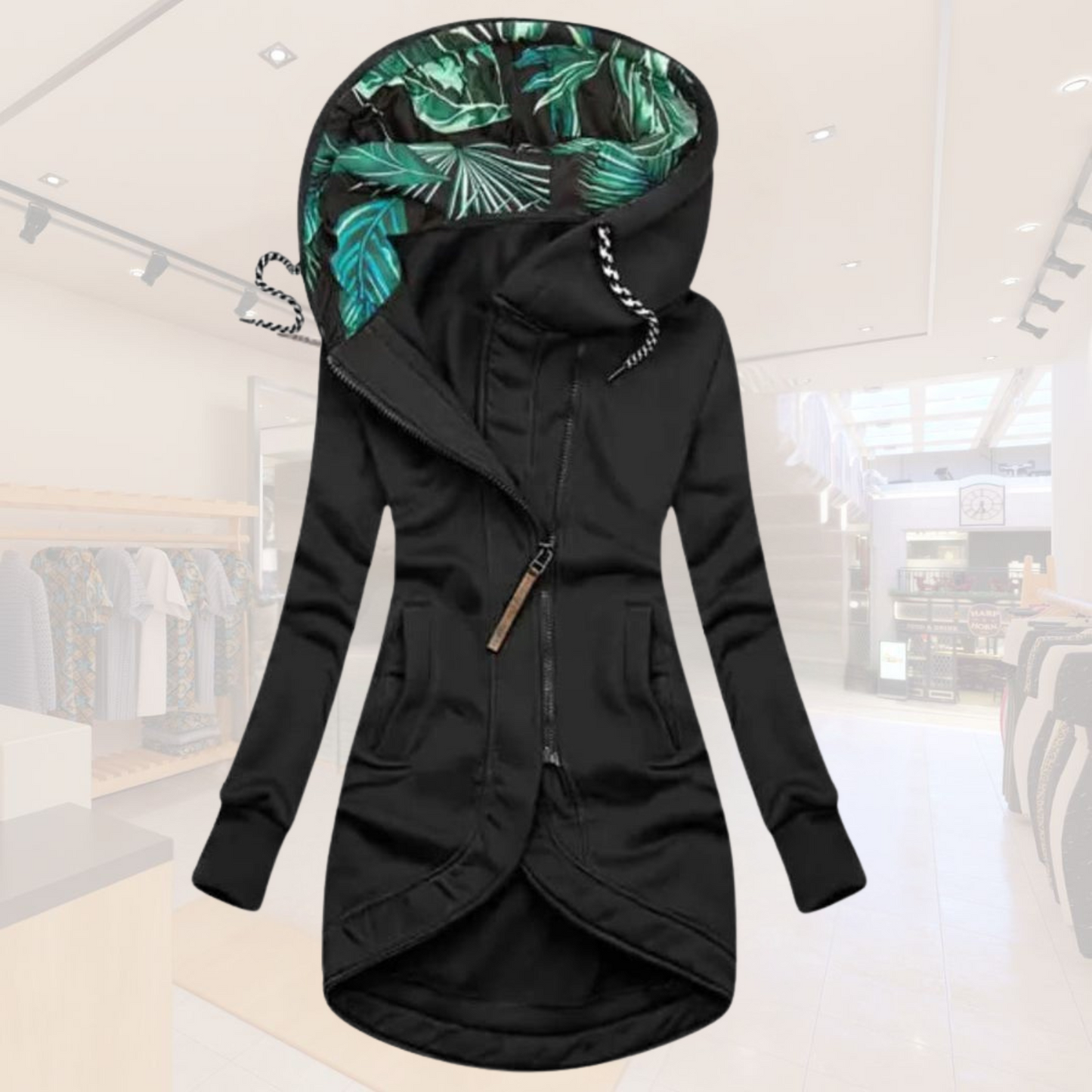 Damen Longjacke Kapuzenjacke Figurfreundlich